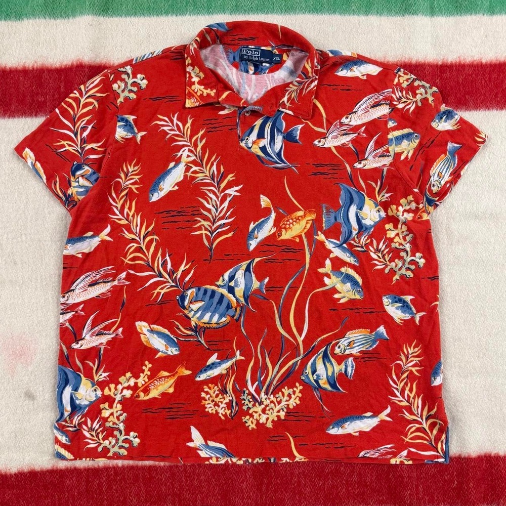 Vintage Polo Ralph Lauren Fish Polo Shirt Mens XXL Red Tropical Hawaiian 90s